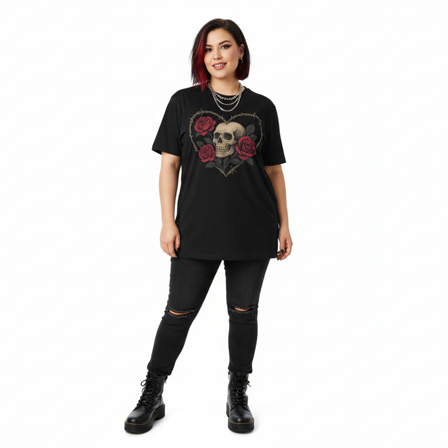 Woman wearing a black t-shirt with a skull and roses design on a white background