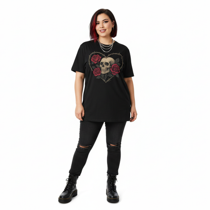 Woman wearing a black t-shirt with a skull and roses design on a white background