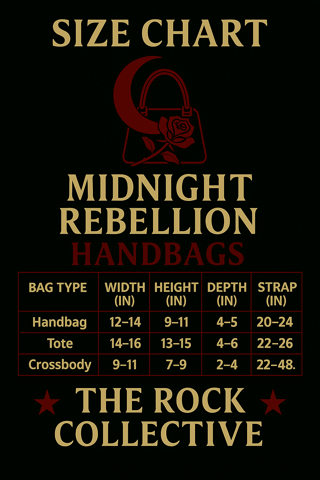 Midnight Rebellion Handbag Sizing Chart