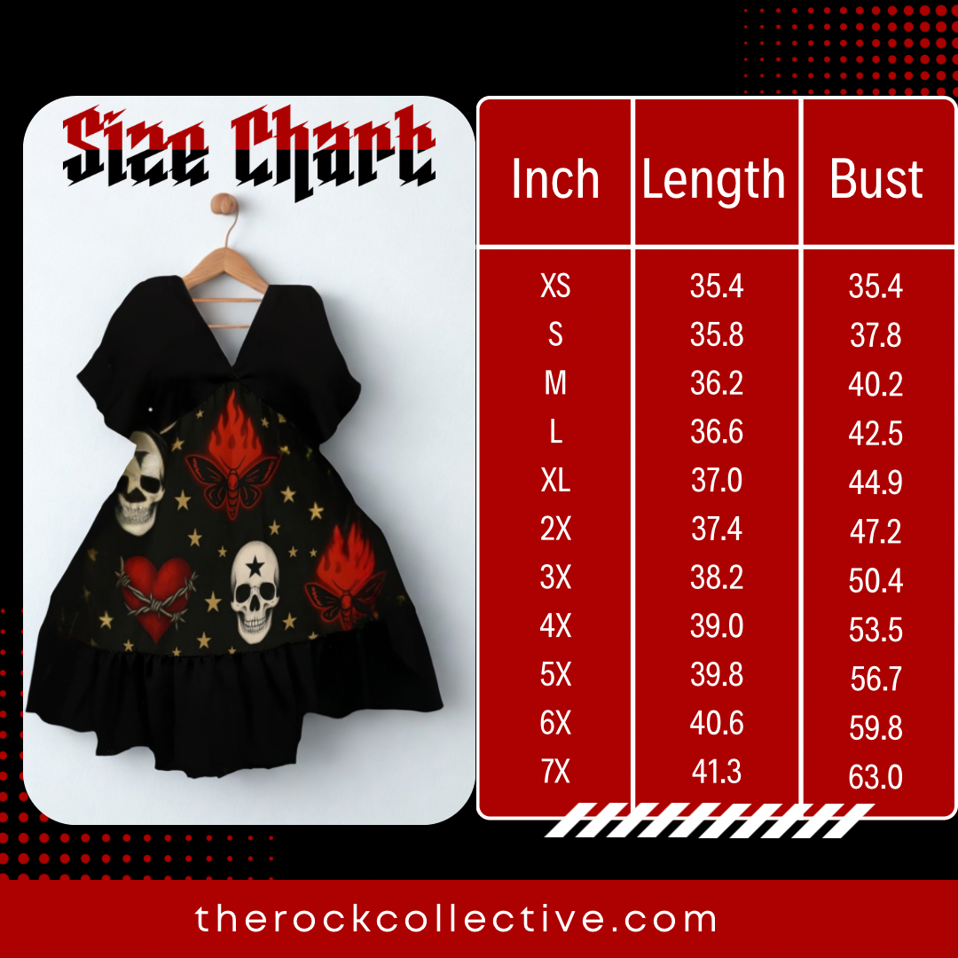 Black dress with skull and heart design on a hanger next to a size chart with measurements.