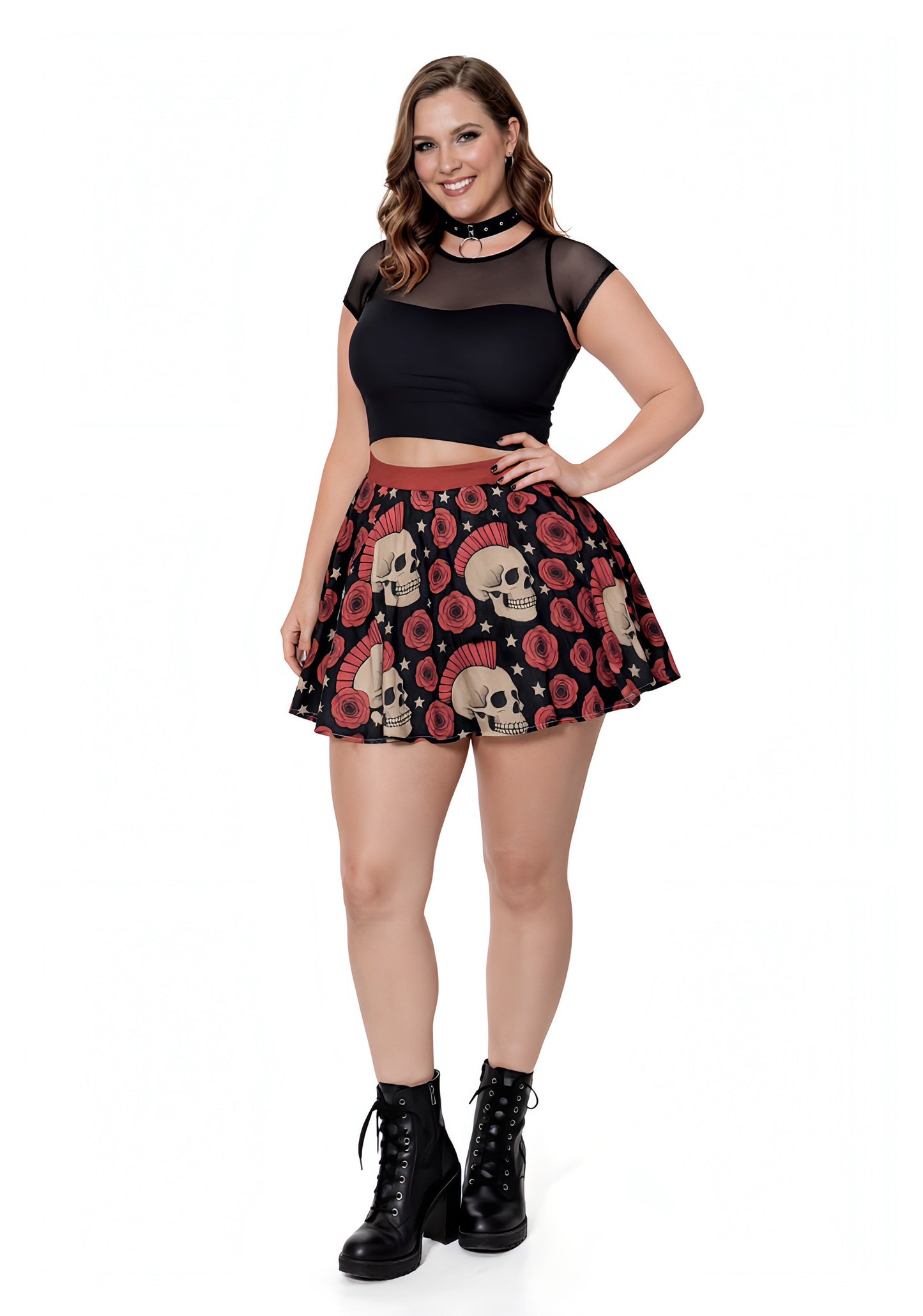 Rose Riot Skater Skirt | High-Waisted Flared Mini Skirt (Skulls + Pink Roses + Stars)