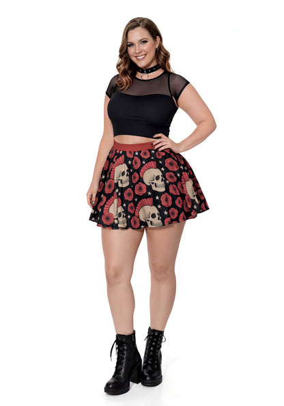 Rose Riot Skater Skirt | High-Waisted Flared Mini Skirt (Skulls + Pink Roses + Stars)