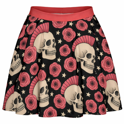 Rose Riot Skater Skirt | High-Waisted Flared Mini Skirt (Skulls + Pink Roses + Stars)