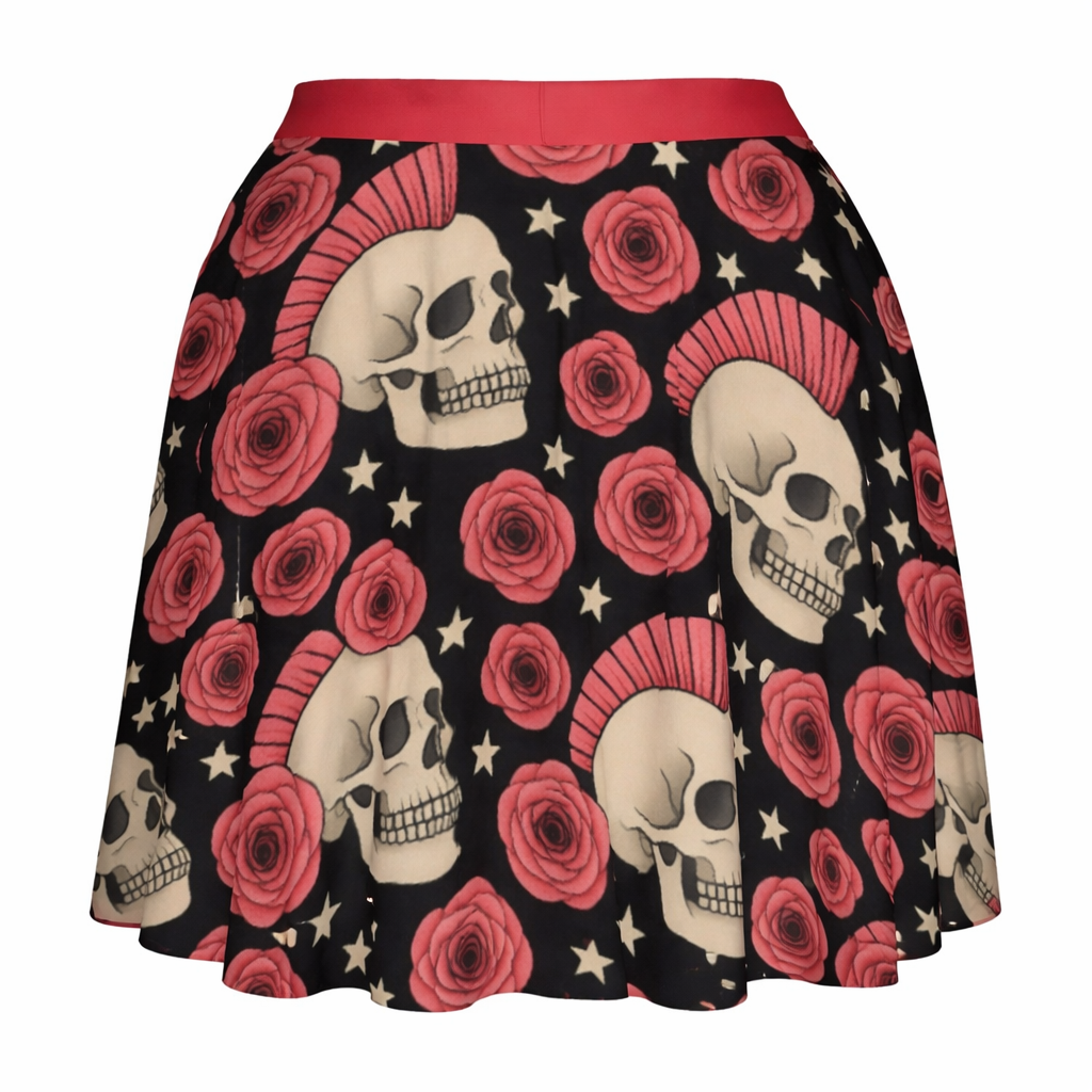 Rose Riot Skater Skirt | High-Waisted Flared Mini Skirt (Skulls + Pink Roses + Stars)