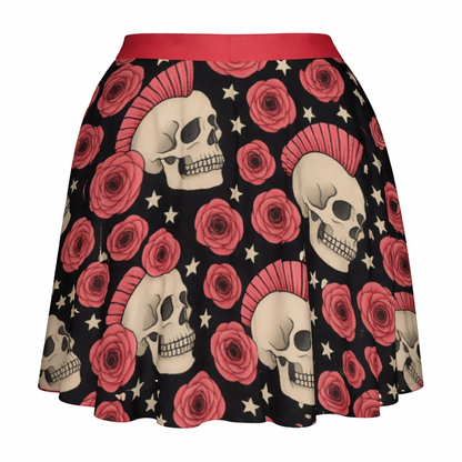 Rose Riot Skater Skirt | High-Waisted Flared Mini Skirt (Skulls + Pink Roses + Stars)