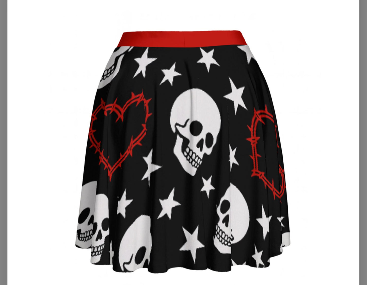 Heartwired Skater Skirt | High-Waisted Flared Mini Skirt (Skulls + Stars + Barbed Hearts)