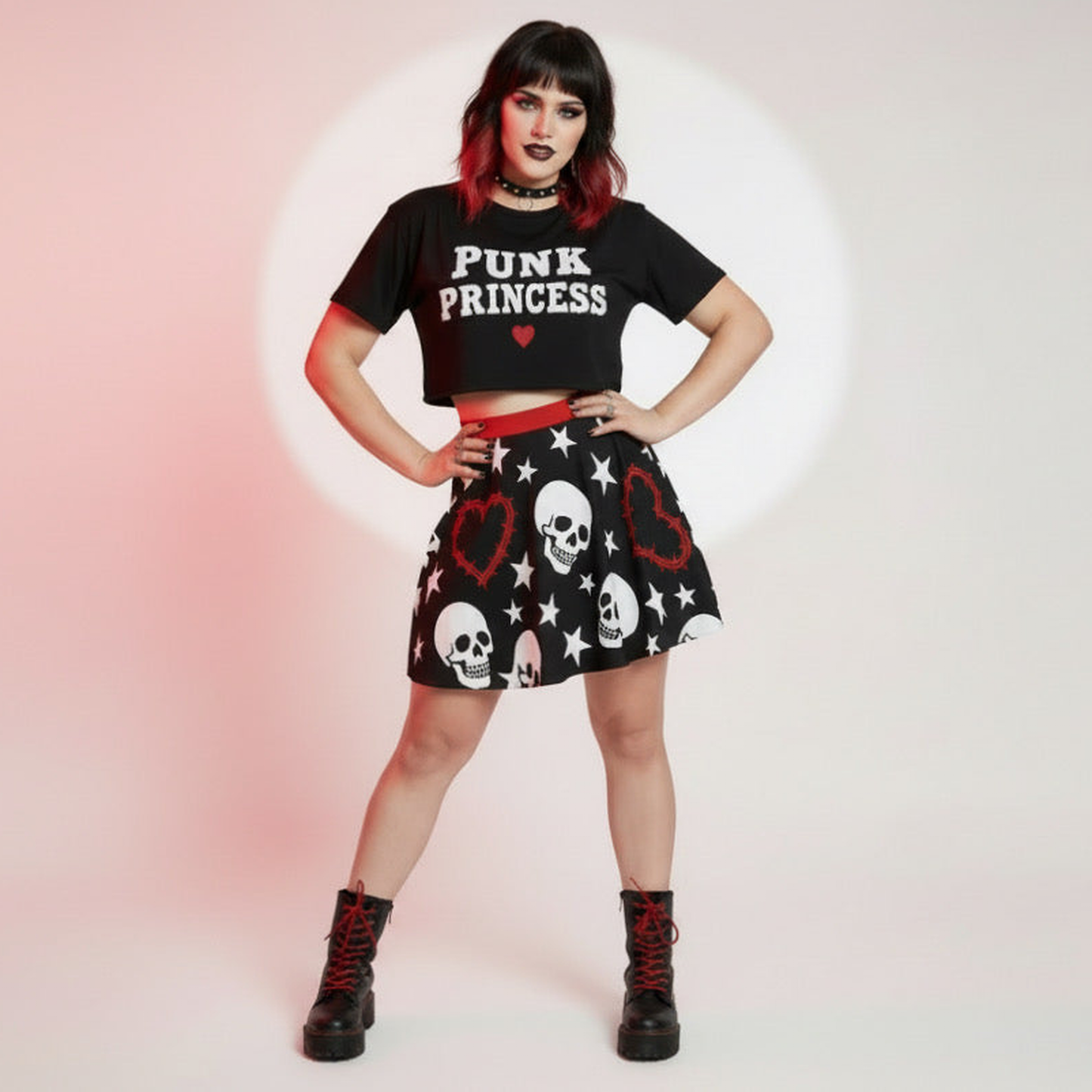 Heartwired Skater Skirt | High-Waisted Flared Mini Skirt (Skulls + Stars + Barbed Hearts)