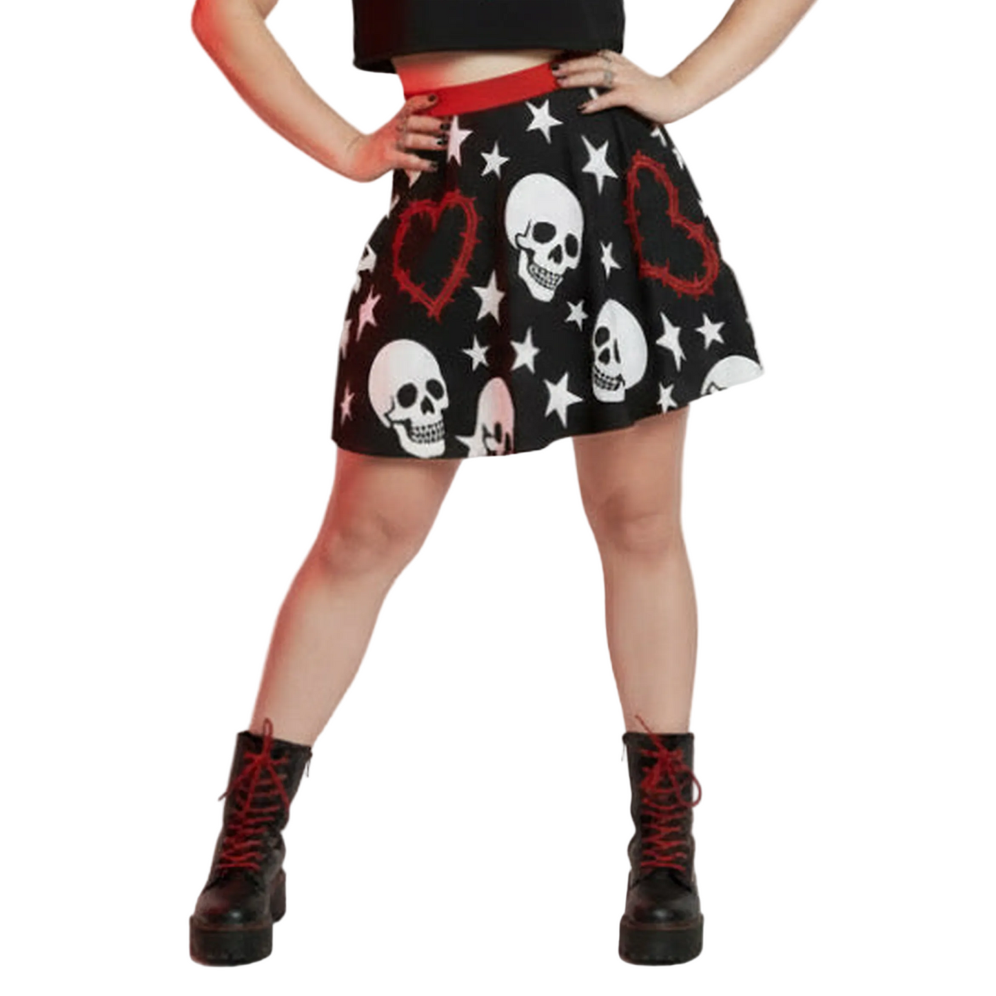 Heartwired Skater Skirt | High-Waisted Flared Mini Skirt (Skulls + Stars + Barbed Hearts)
