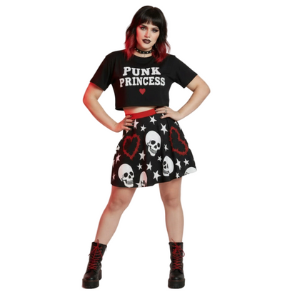 Heartwired Skater Skirt | High-Waisted Flared Mini Skirt (Skulls + Stars + Barbed Hearts)