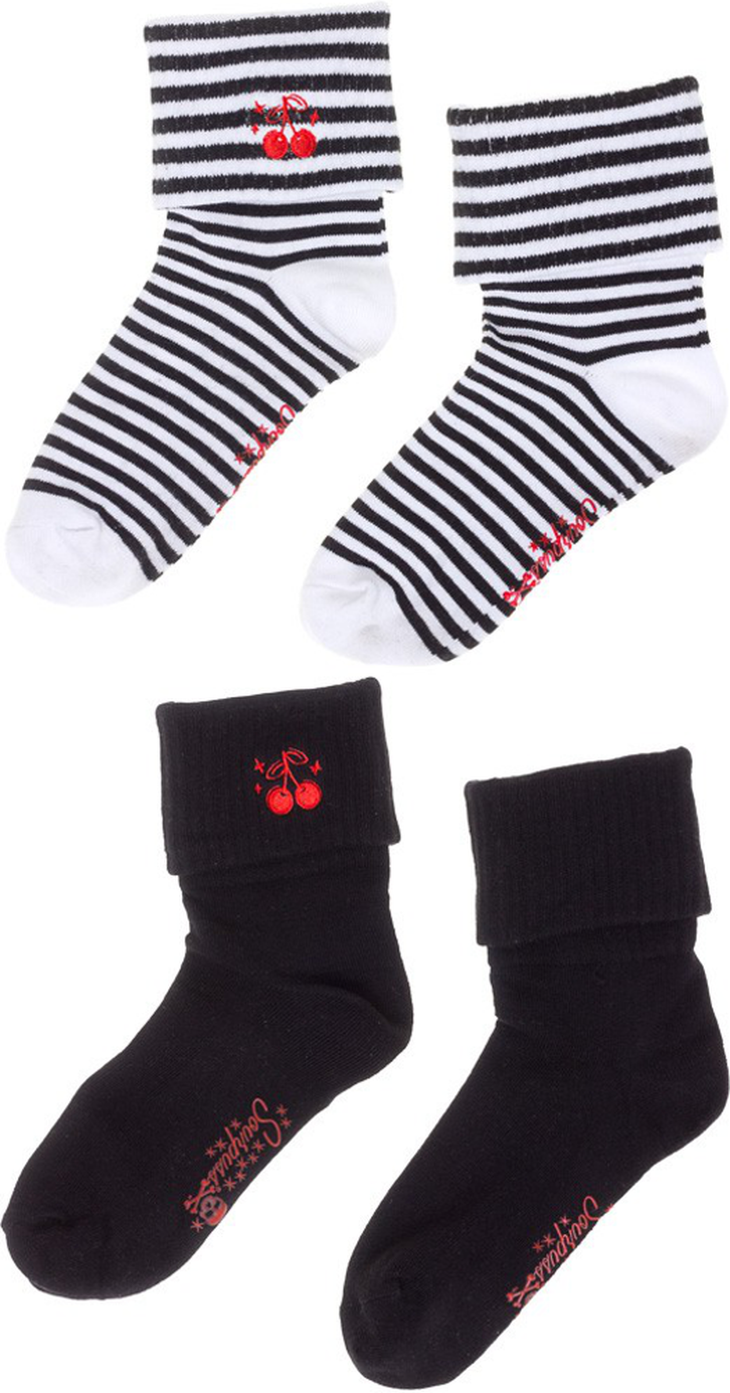 Sourpuss cherry socks set of two in gothic punk style
Gothic novelty socks with cherry print design
Alternative fashion crew socks with cherry motifs