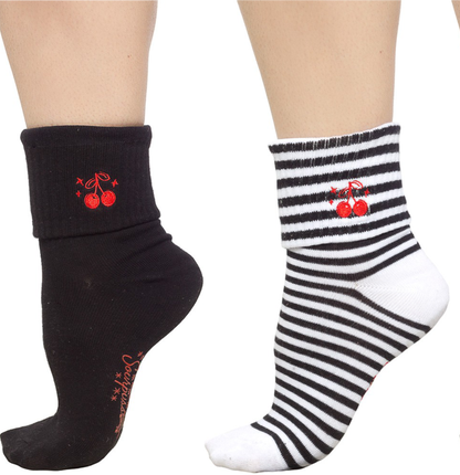 Sourpuss cherry socks set of two in gothic punk style
Gothic novelty socks with cherry print design
Alternative fashion crew socks with cherry motifs