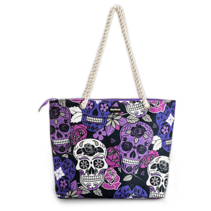 Bolso de playa con calavera de azúcar color lila