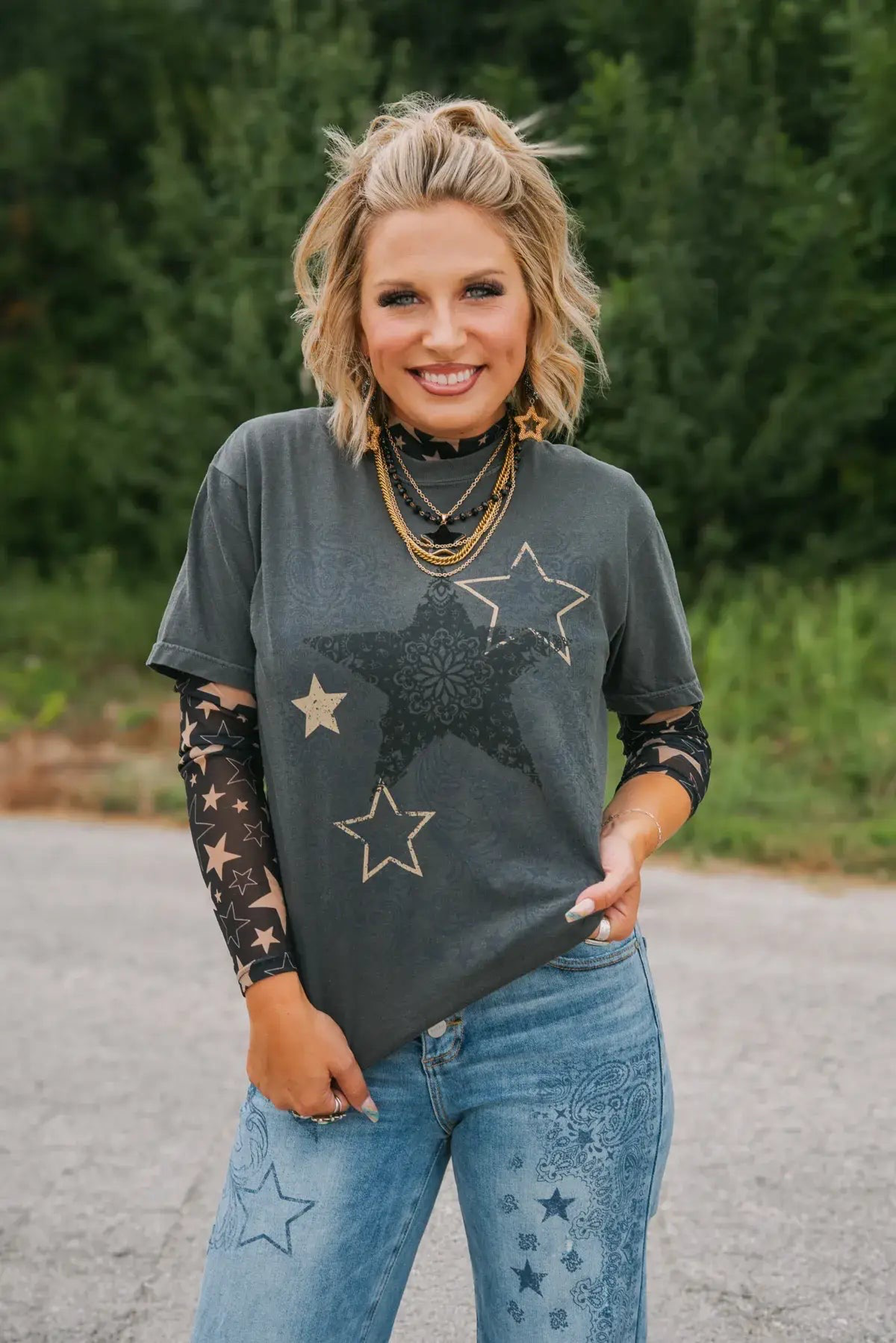 Paisley Riot Tee — black and white paisley star print shirt
Gothic paisley t-shirt with star motif in punk rock style
Alternative fashion tee with paisley and star design
