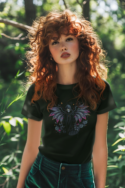 Close-up of haunting wraith artwork on premium black cotton showing intricate gothic details