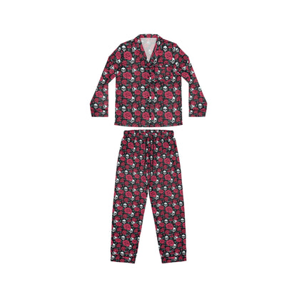 Full outfit view of size-inclusive skull and rose pajama set