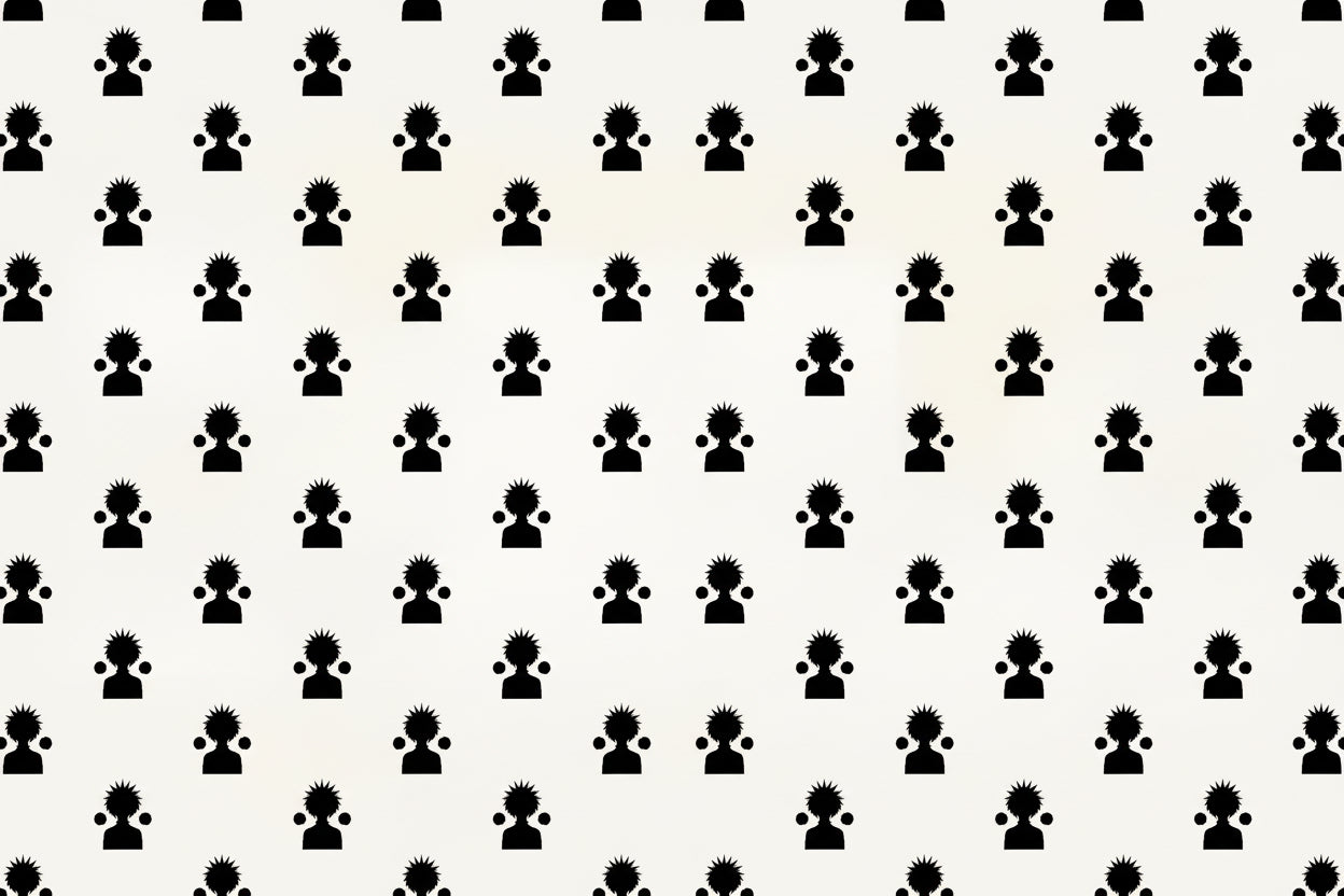 Pattern of black silhouette icons with spiky hair on a white background