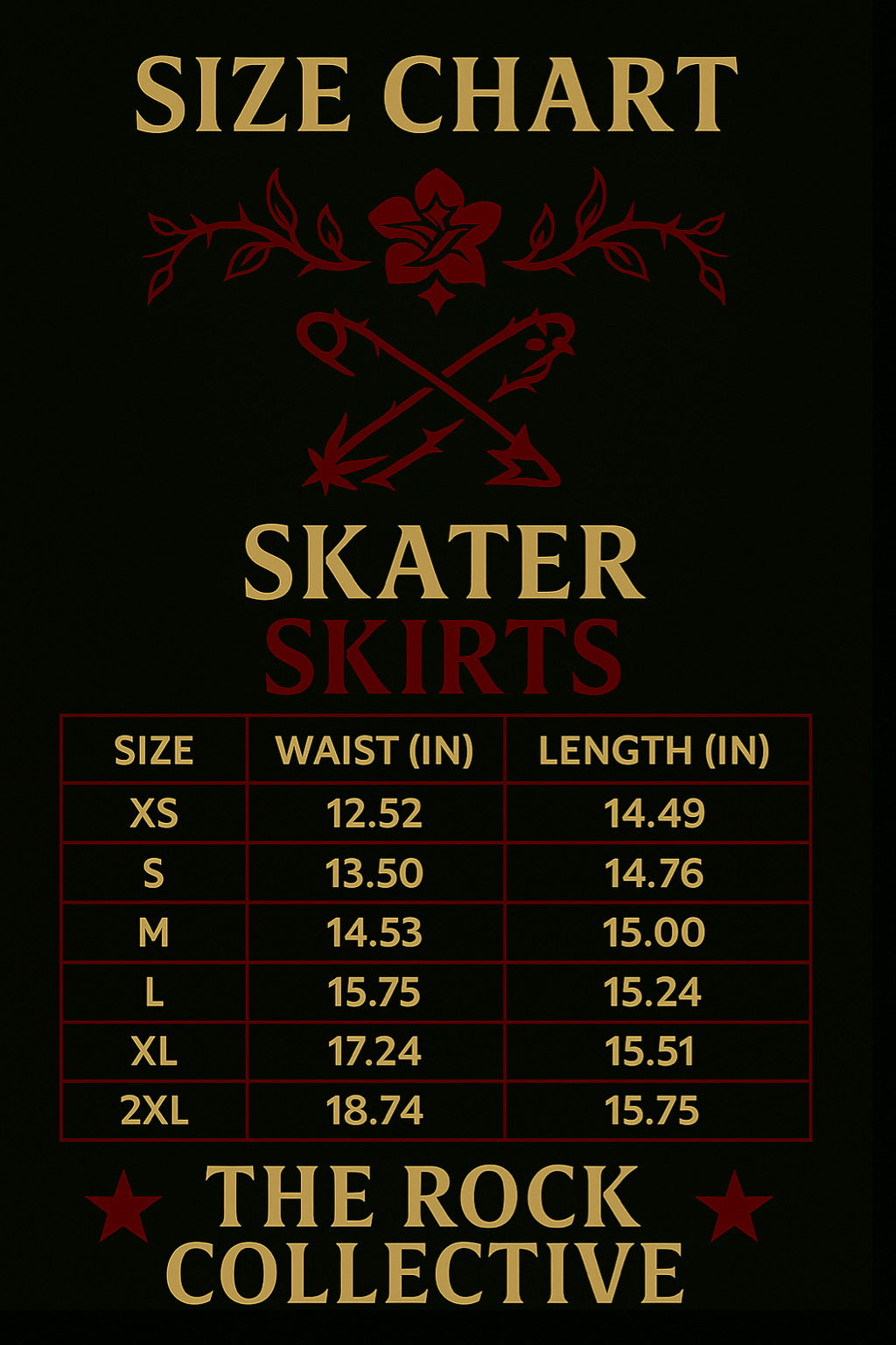 Size chart for skater skirts with waist and length measurements on a black background, featuring the Rock Collective logo.