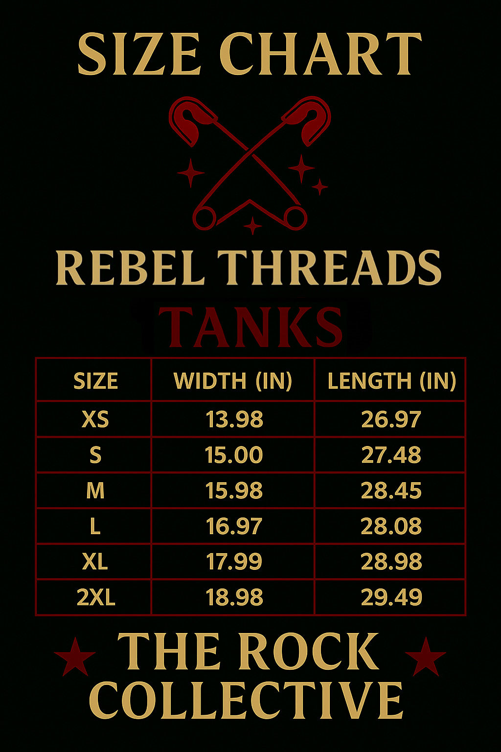 Size chart for Rebel Threads tanks with measurements on a black background.