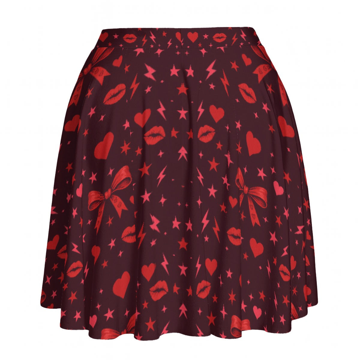 High-waisted skater skirt in deep cherry red with hearts, lips, bows, stars and lightning print, front view.