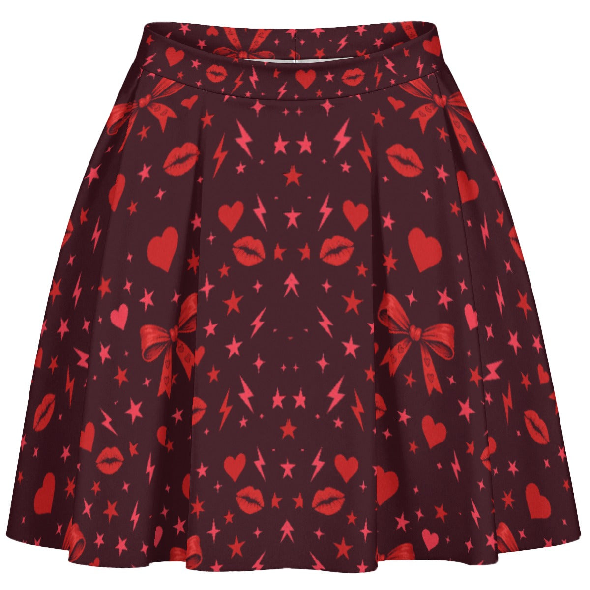 Back view of flared skater skirt with cherry red hearts and lightning pattern.
