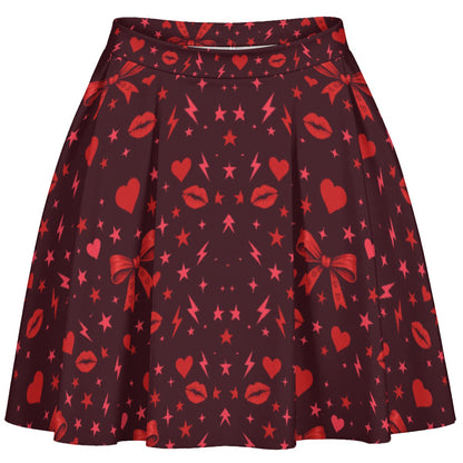 Back view of flared skater skirt with cherry red hearts and lightning pattern.