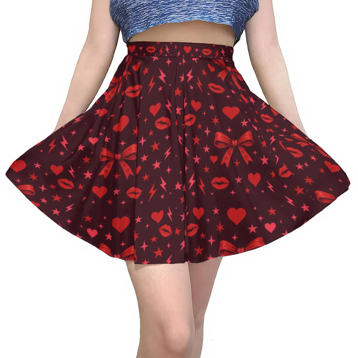 Flared skater skirt shown stretched to display full cherry red hearts, lips, bows and lightning design.