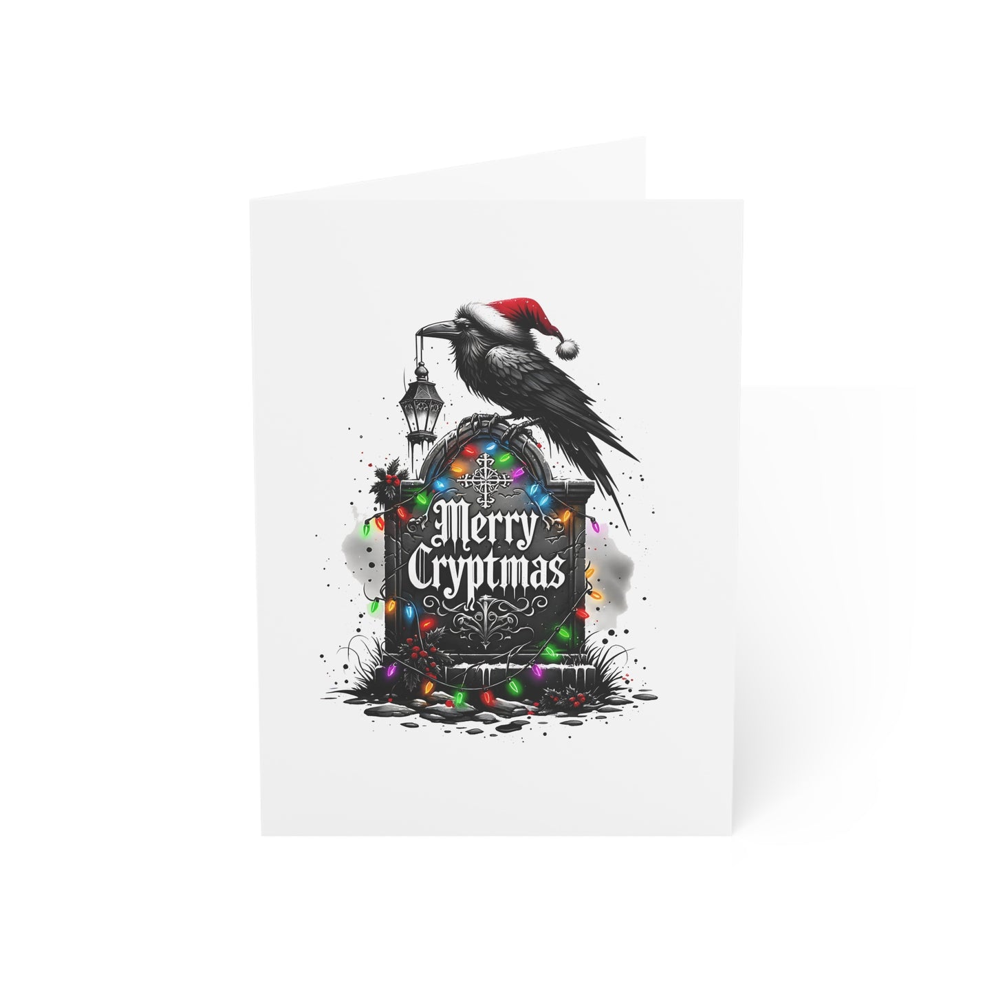 Card with a black crow wearing a Santa hat, perched on a gravestone with 'Merry Cryptmas' text, surrounded by Christmas lights on a white background.