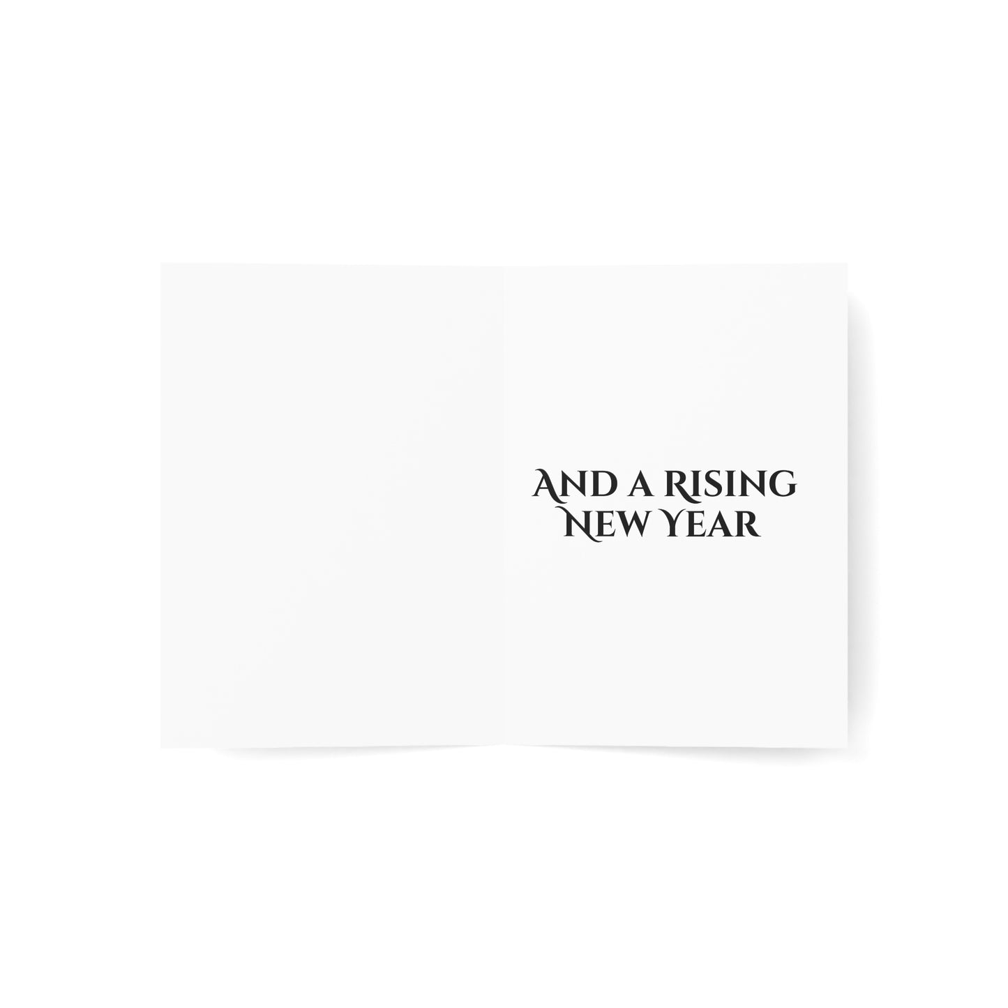 Text 'AND A RISING NEW YEAR' on a white background