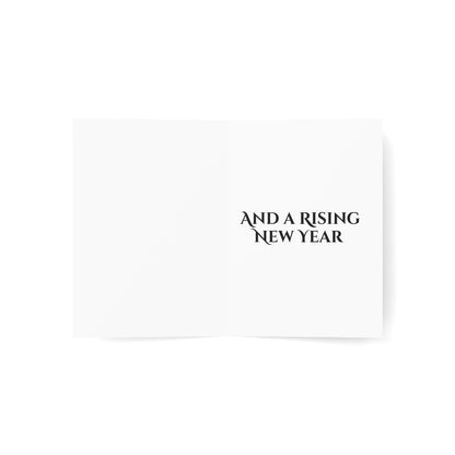 Text 'AND A RISING NEW YEAR' on a white background