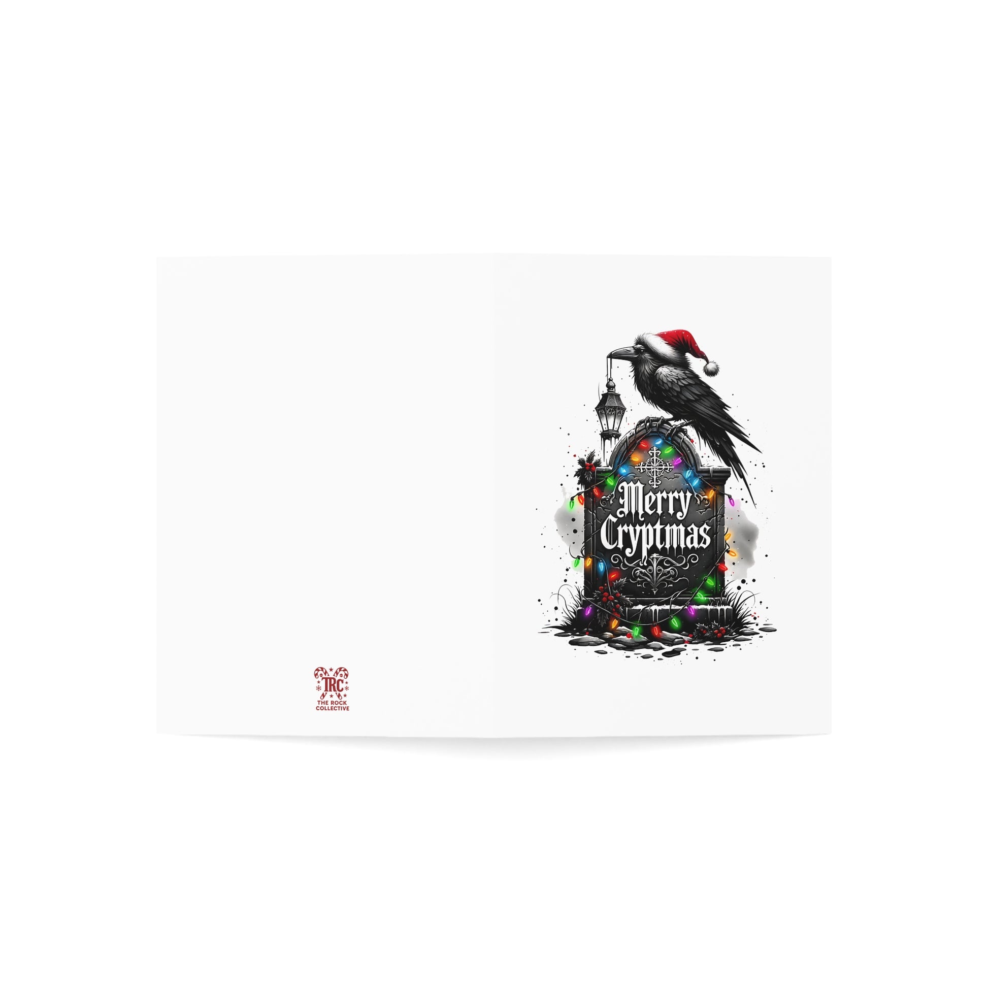 Greeting card with a black cat wearing a Santa hat on a tombstone with 'Merry Cryptmas' text, surrounded by colorful lights.