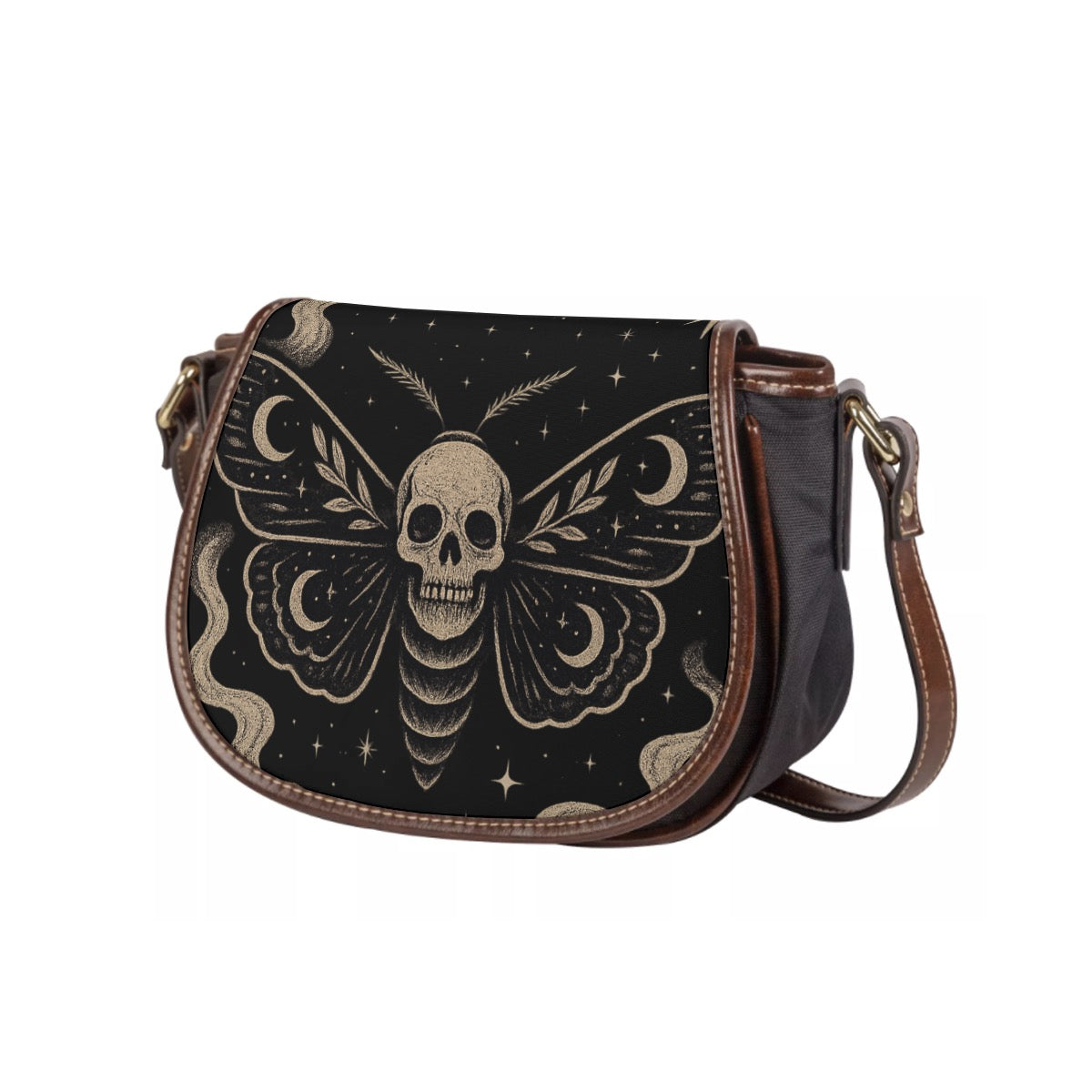 Angled view of skull moth saddle bag with brown trim and crossbody strap.