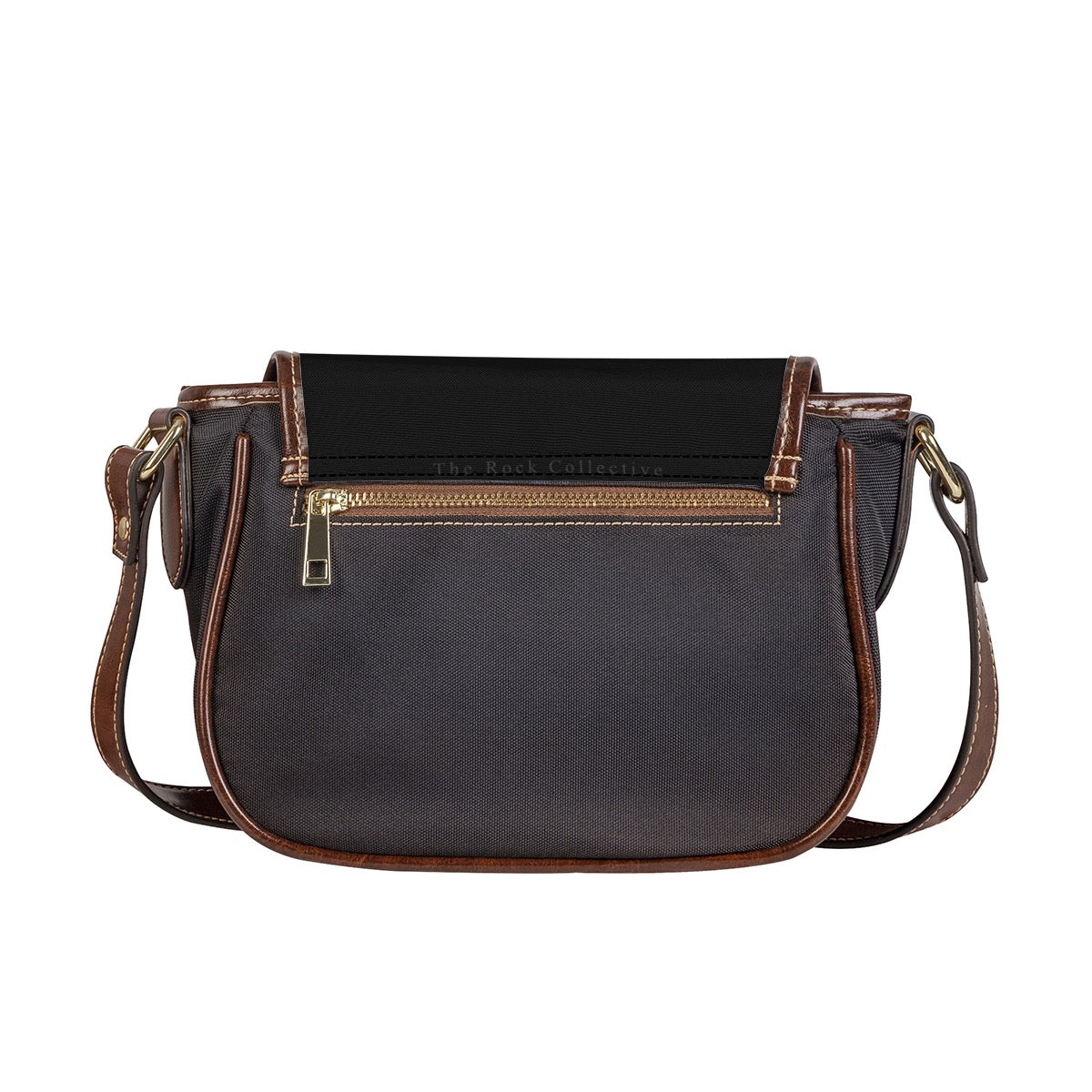 Back view of saddle crossbody bag showing dark body, brown trim, and back zipper pocket.
