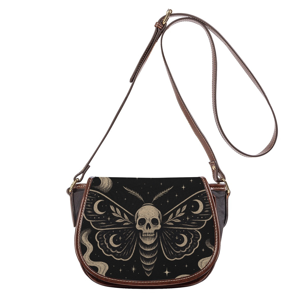 Front view of saddle crossbody bag with skull moth and moon design on black flap, adjustable strap. 