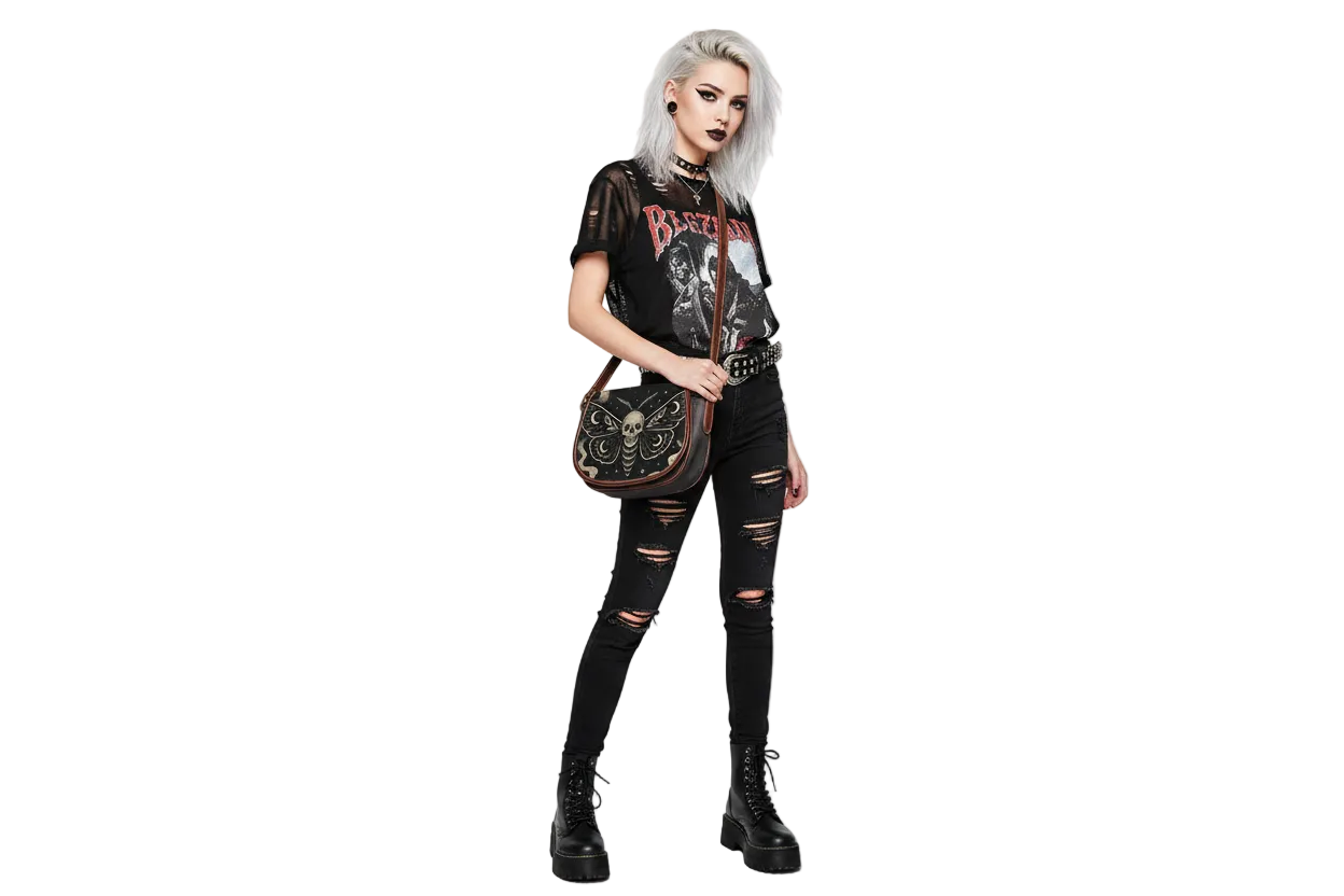 Person wearing a black outfit with graphic designs on a white background