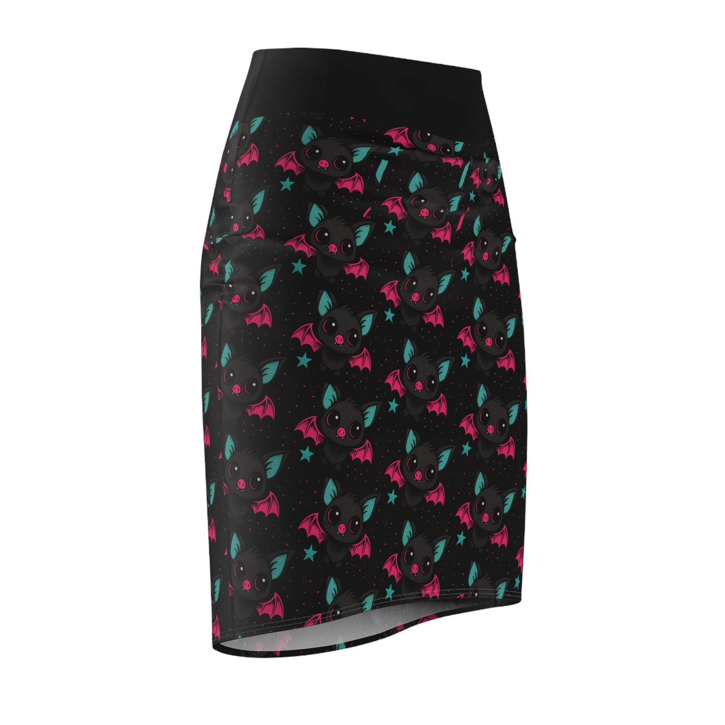 Black skirt with pink and green pattern on a white background