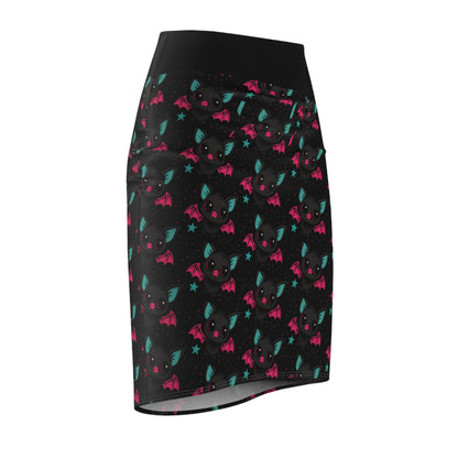 Black skirt with pink and green pattern on a white background