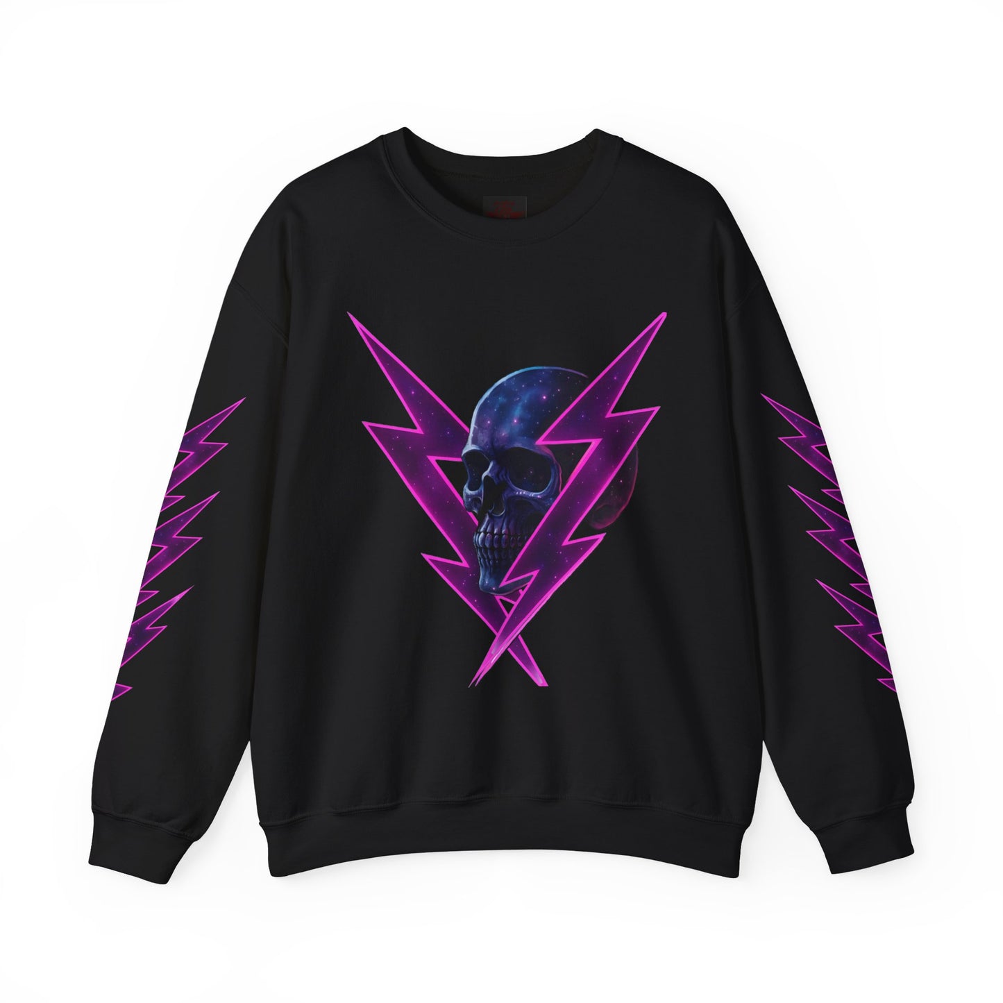Black sweatshirt with purple lightning bolt design and skull on a white background