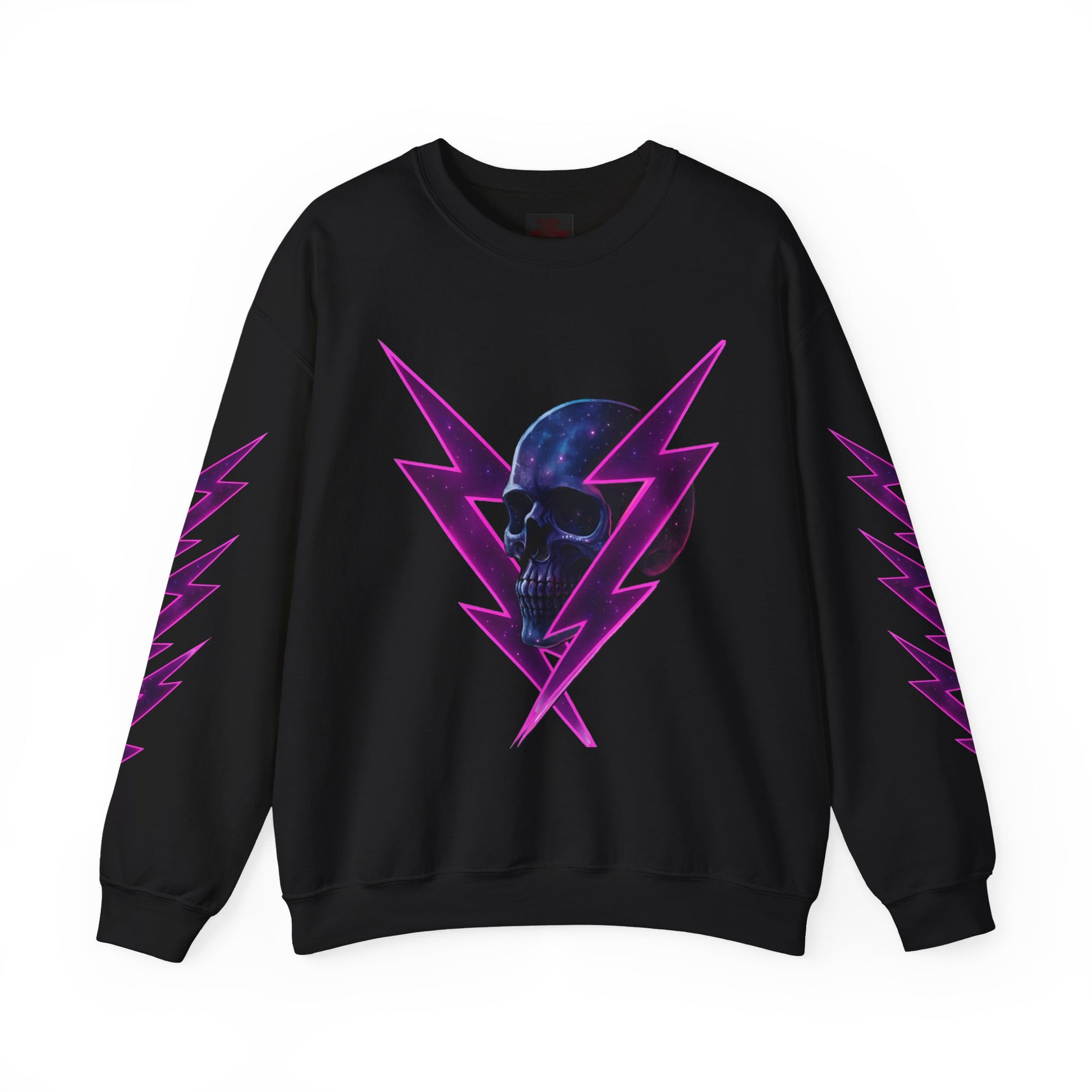Black sweatshirt with purple lightning bolt design and skull on a white background
