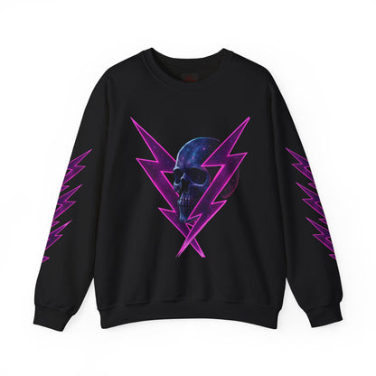 Black sweatshirt with purple lightning bolt design and skull on a white background