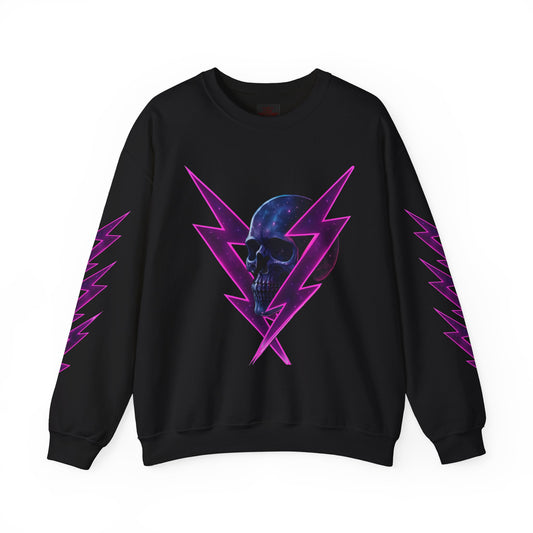 Black sweatshirt with purple lightning bolt design and skull on a white background