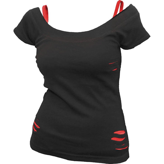 2in1 Red Ripped Top Black