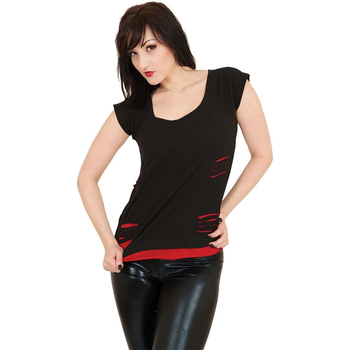 2in1 Red Ripped Top Black