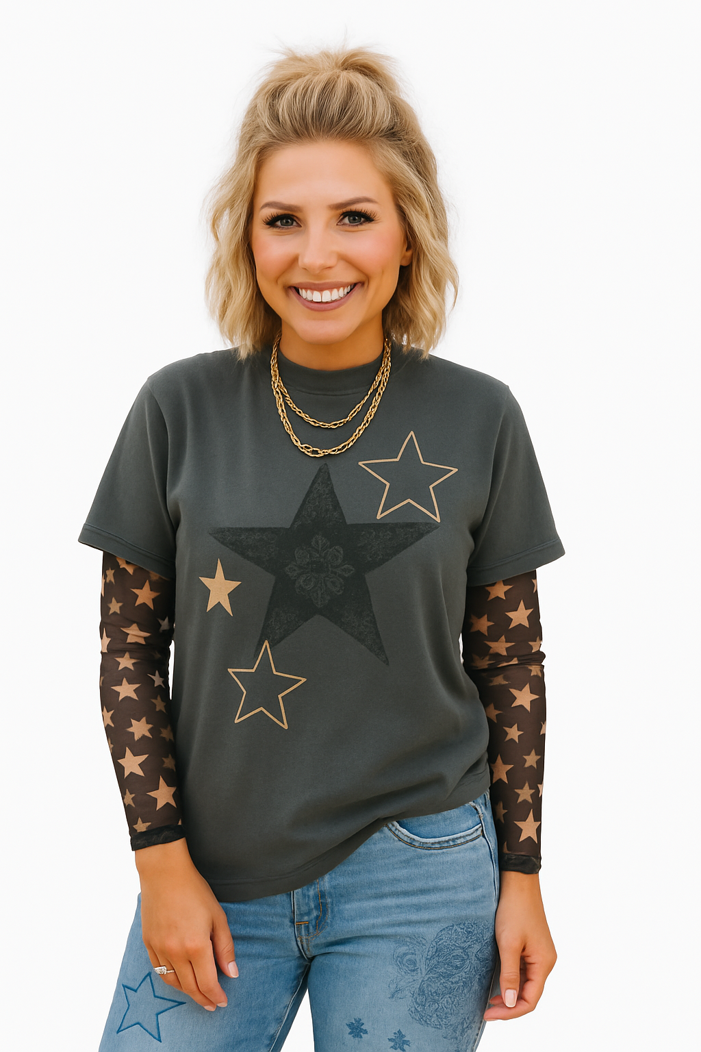 Paisley Riot Tee — black and white paisley star print shirt
Gothic paisley t-shirt with star motif in punk rock style
Alternative fashion tee with paisley and star design
