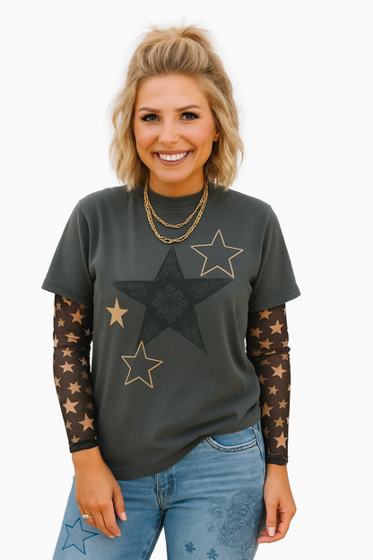 Paisley Riot Tee — black and white paisley star print shirt
Gothic paisley t-shirt with star motif in punk rock style
Alternative fashion tee with paisley and star design
