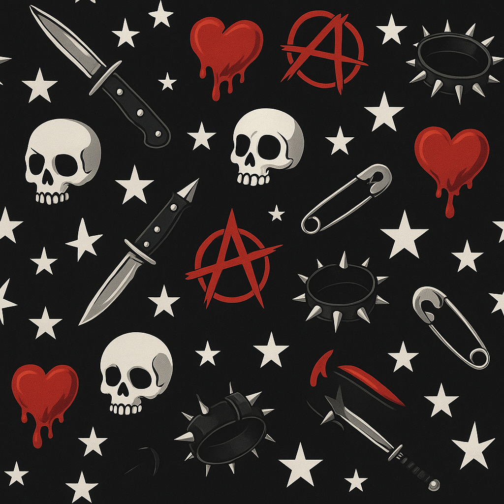 Pattern of skulls, hearts, knives, anarchy symbols, and stars on a black background.
