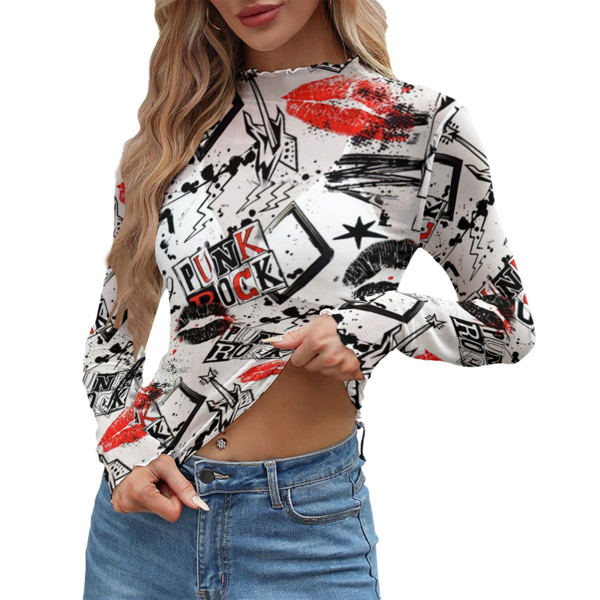 Women wearing white punk rock mock neck top with red lipstick graphic and graffiti print