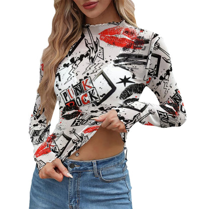 Women wearing white punk rock mock neck top with red lipstick graphic and graffiti print
