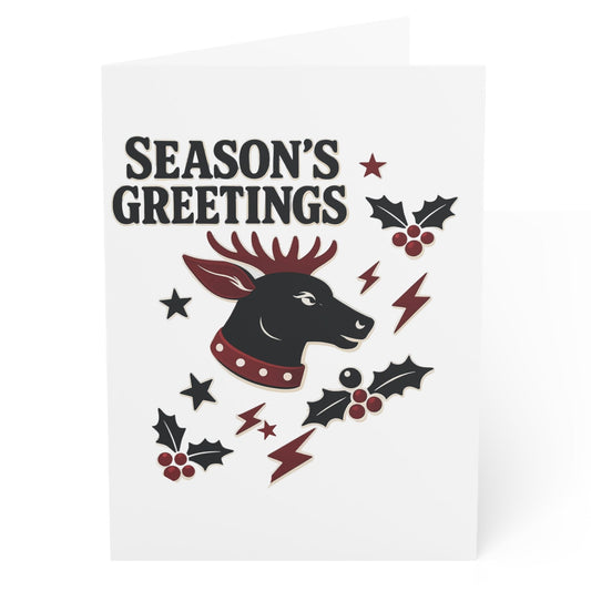 Season's Greetings card with a reindeer design on a white background