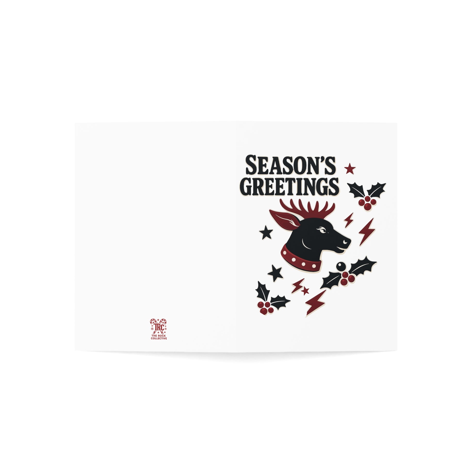Season's Greetings card with a reindeer design on a white background