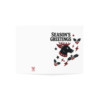 Season's Greetings card with a reindeer design on a white background